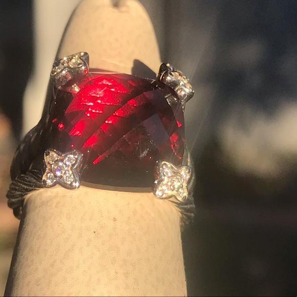 David Yurman S Silver Cushion On Point 14mm Garnet Red & Diamond Ring Sz 6.75 - Picture 7 of 13